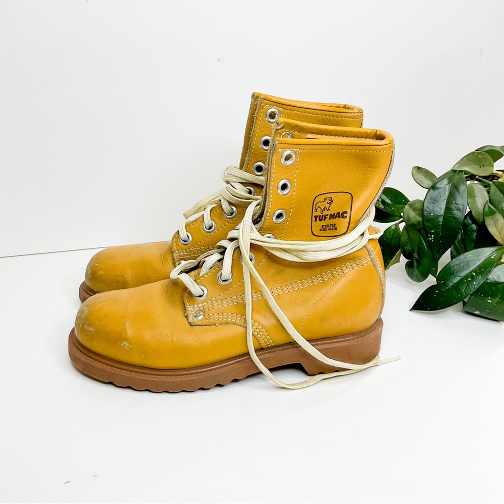 VINTAGE 90s TUF MAC Yellow Steel-Toe Boots – Y2K Combat Workwear Style Rare
